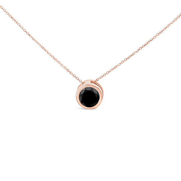 14K Rose Gold 7.0 Cttw Bezel-Set Black Round Diamond Solitaire Pendant Necklace (Black Color, I2-I3 Clarity) - 18"