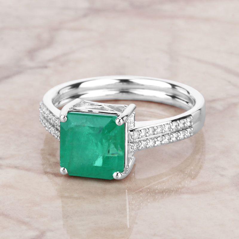 IGI Certified 3.11 Carat Genuine Zambian Emerald and White Diamond 14K White Gold Ring