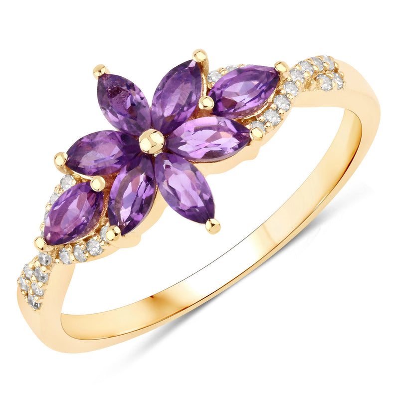 0.64 Carat Genuine Amethyst And White Diamond 10K Yellow Gold Ring