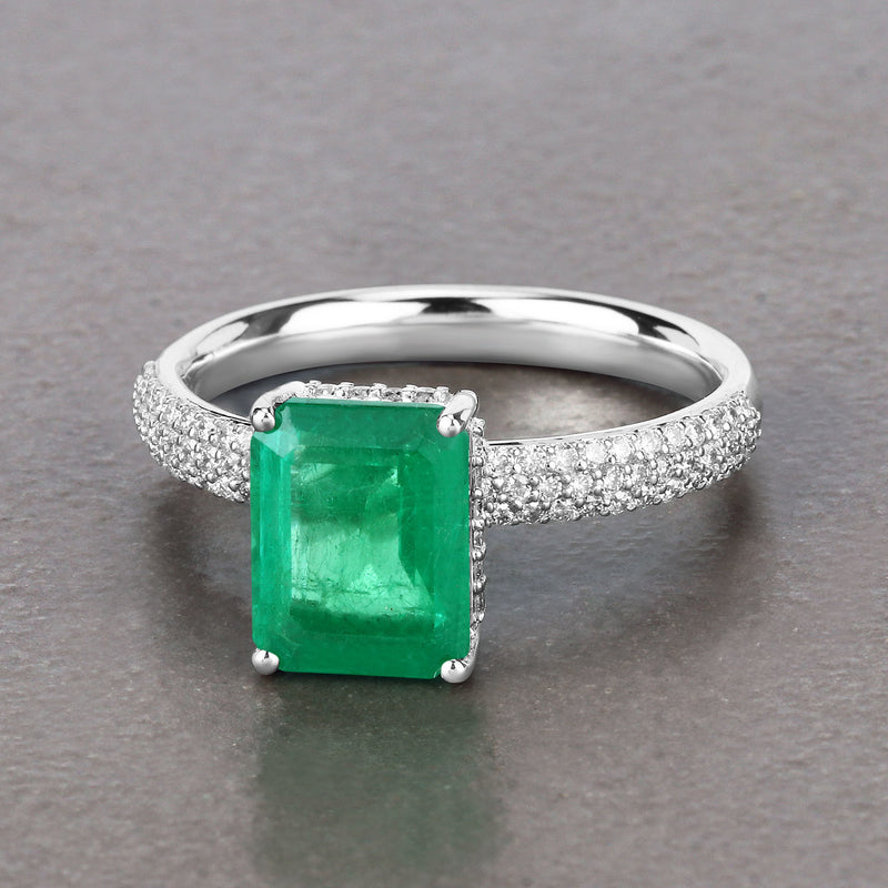 IGI Certified 2.74 Carat Genuine Zambian Emerald and White Diamond 14K White Gold Ring