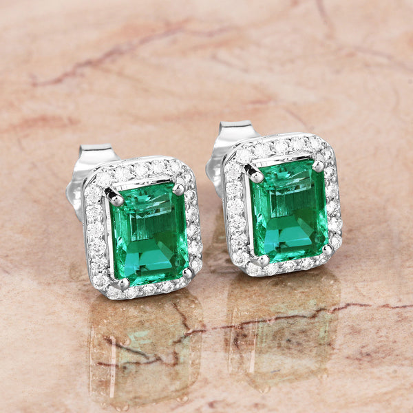 2.09 Carat Genuine Emerald and White Diamond 14K White Gold Earrings