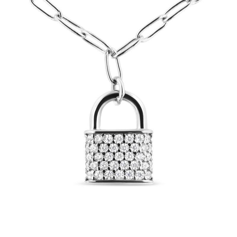 .925 Sterling Silver 1/4 Cttw Diamond Lock 18" Pendant Necklace with Paperclip Chain (H-I Color, SI2-I1 Clarity)