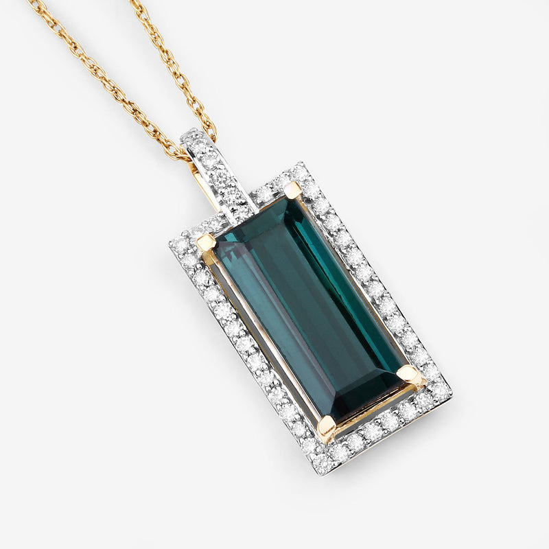 4.28 Carat Genuine Green Tourmaline and White Diamond 14K Yellow Gold Pendant