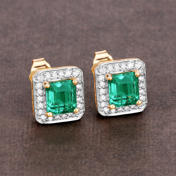 2.15 Carat Genuine Emerald and White Diamond 14K Yellow Gold Earrings