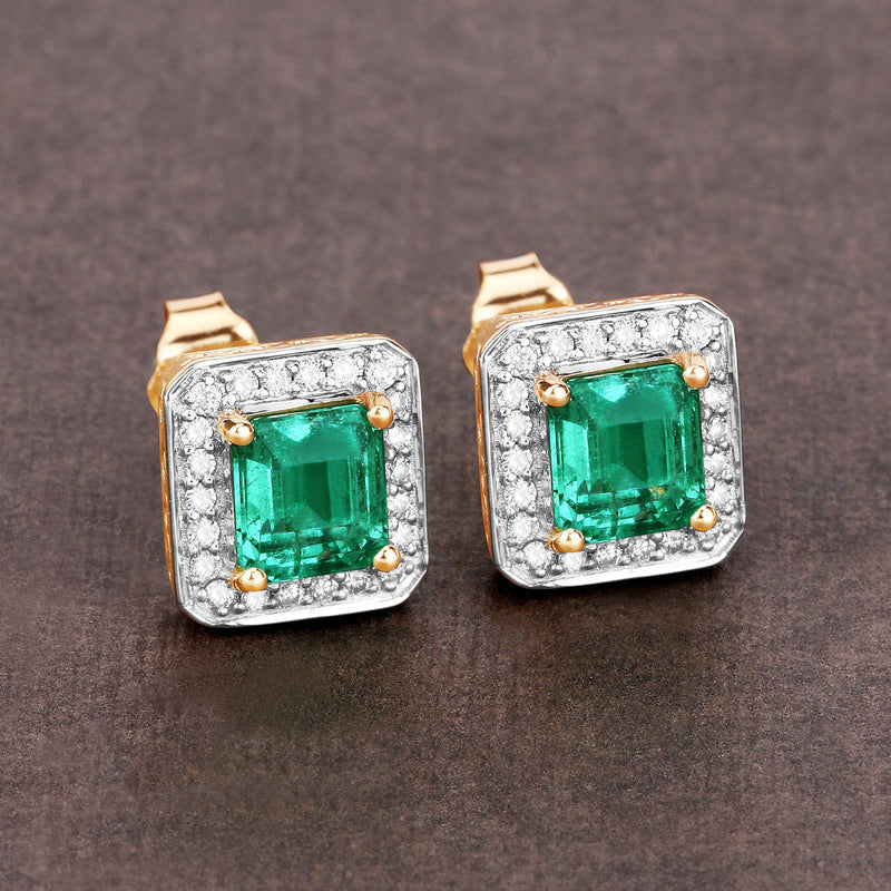 2.15 Carat Genuine Emerald and White Diamond 14K Yellow Gold Earrings