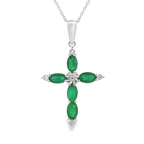 Emerald Diamond Cross Religious Pendant 10KT White Gold