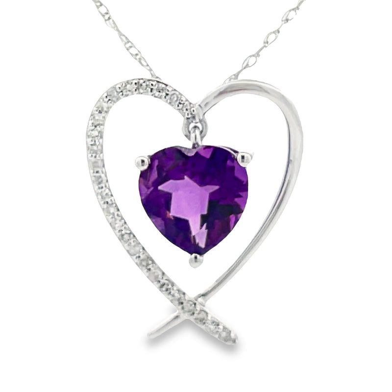 Amethyst Diamond Heart Love Pendant 14KT White Gold