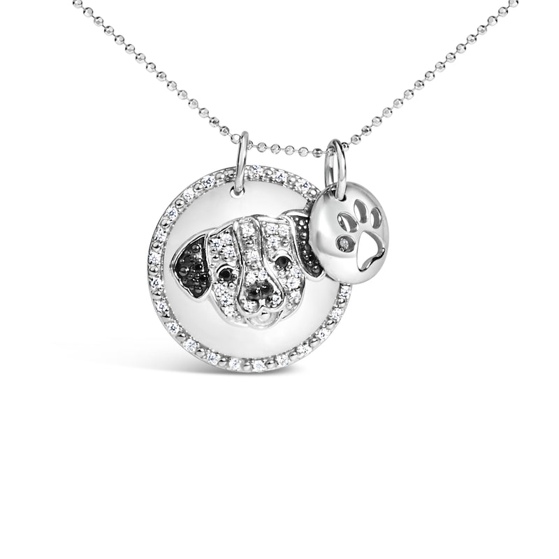 .925 Sterling Silver 1/4 Cttw White and Black Diamond Pitbull Dog Medallion and Charm 18" Pendant Necklace (I-J Color, I2-I3 Clarity)