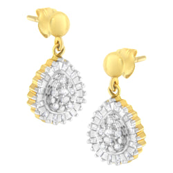 10K Yellow Gold 1/4 Cttw Round and Baguette-Cut Diamond Cluster Drop and Dangle Stud Earrings (I-J Color, I2-I3 Clarity)