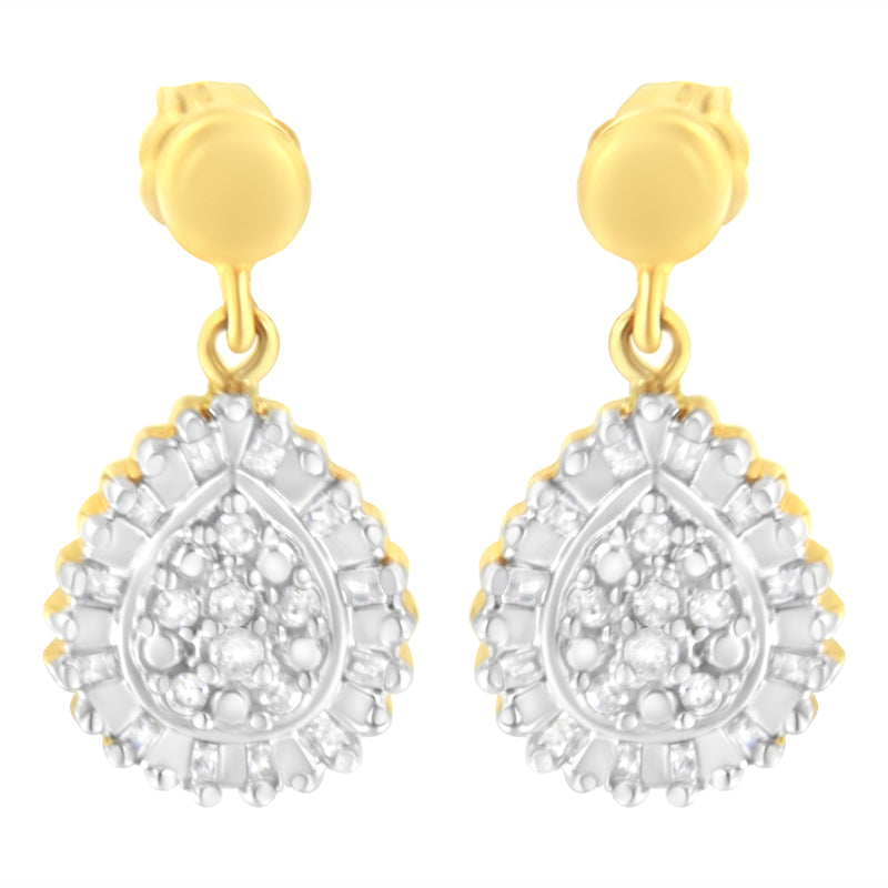10K Yellow Gold 1/4 Cttw Round and Baguette-Cut Diamond Cluster Drop and Dangle Stud Earrings (I-J Color, I2-I3 Clarity)