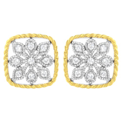 10K Yellow Gold Plated .925 Sterling Silver 1/4 cttw Diamond "Flower in a Box" Stud Earrings (I-J Color, I2-I3 Clarity)