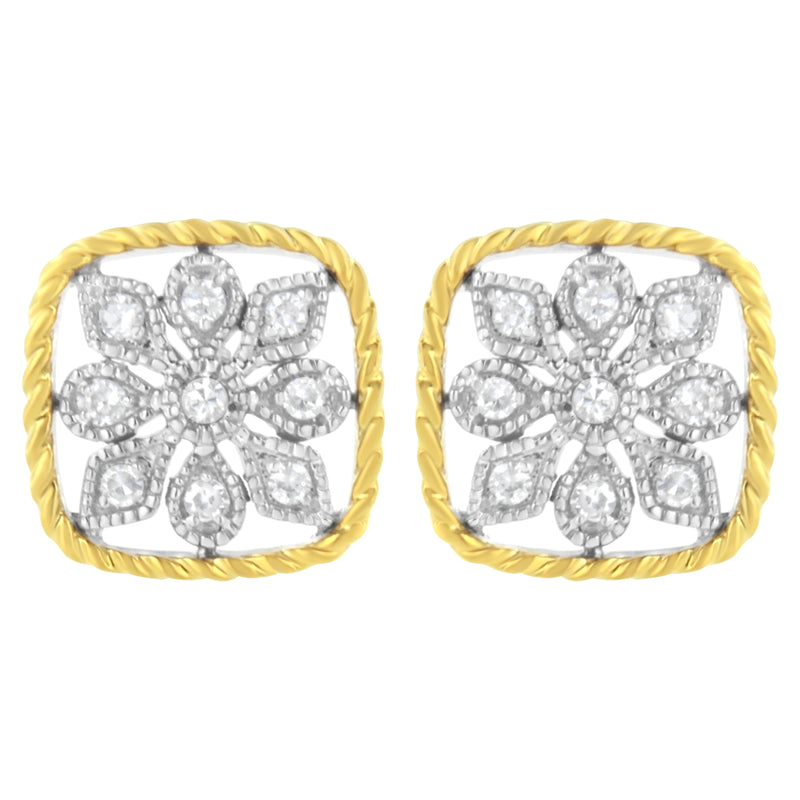 10K Yellow Gold Plated .925 Sterling Silver 1/4 cttw Diamond "Flower in a Box" Stud Earrings (I-J Color, I2-I3 Clarity)