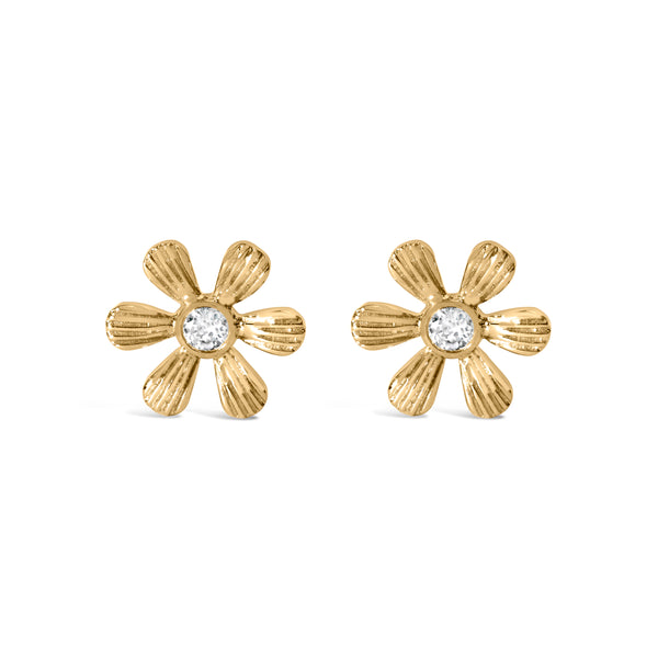 10K Yellow Gold Bezel Set Diamond Accent Hammered Finish Floral Stud Earrings (I-J Color, I1-I2 Clarity)