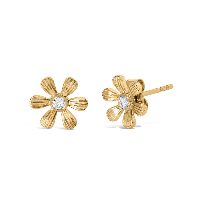 10K Yellow Gold Bezel Set Diamond Accent Hammered Finish Floral Stud Earrings (I-J Color, I1-I2 Clarity)