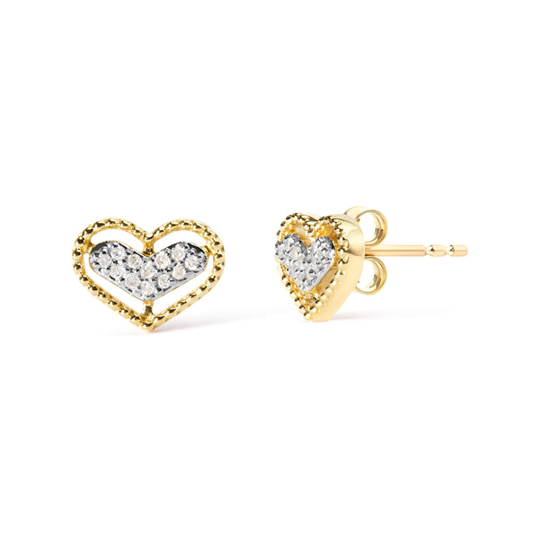 10K Yellow Gold 1/10 Cttw Diamond Heart and Beaded Halo Stud Earrings (I-J Color, I1-I2 Clarity)