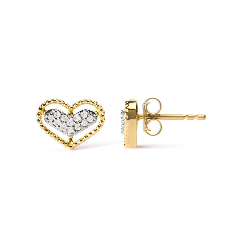 10K Yellow Gold 1/10 Cttw Diamond Heart and Beaded Halo Stud Earrings (I-J Color, I1-I2 Clarity)