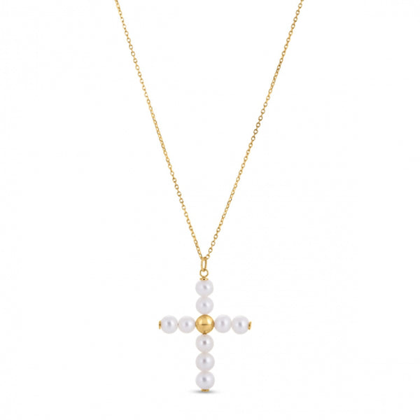 14k Yellow Gold Pearl Cross Pendant