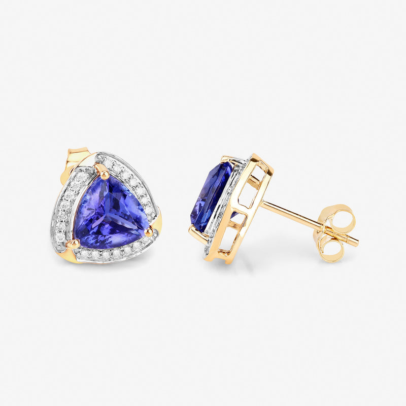 3.70 Carat Genuine Tanzanite and White Diamond 14K Yellow Gold Earrings