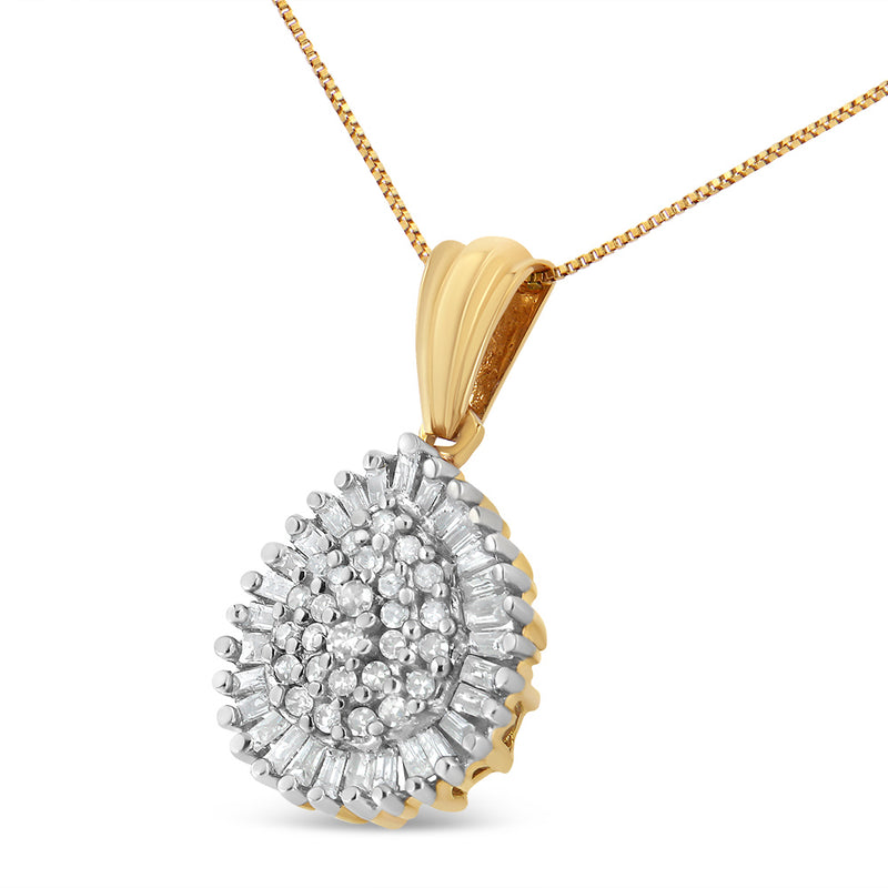 10K Yellow Gold 1/2 Cttw Round and Baguette Cut Diamond Oval Burst 18" Pendant Necklace (J-K Color, I1-I2 Clarity)