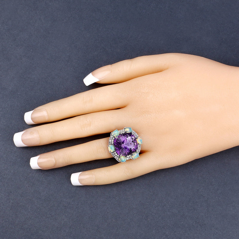 16.22 Carat Genuine Opal, Amethyst and White Diamond .925 Sterling Silver Ring