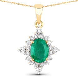 1.54 Carat Genuine Zambian Emerald and White Diamond 14K Yellow Gold Pendant