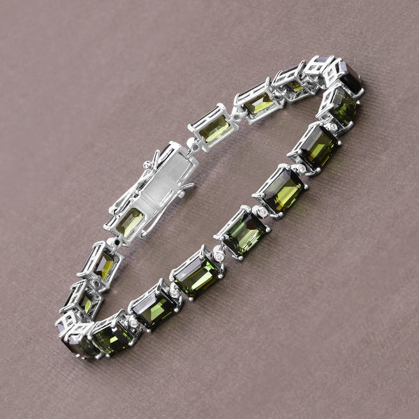 19.04 Carat Genuine Green Tourmaline and White Diamond 14K White Gold Bracelet