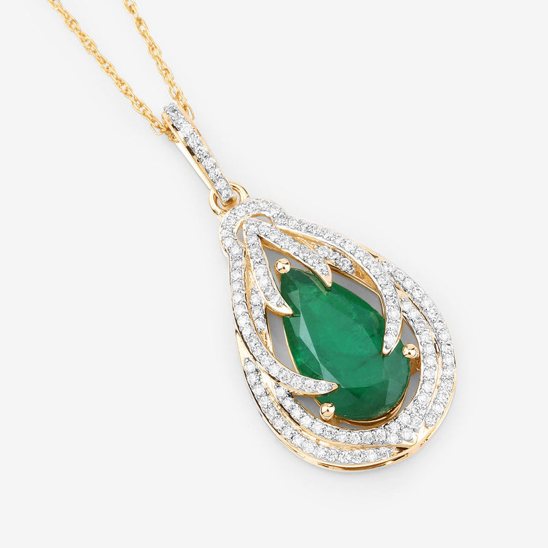 IGI Certified 2.71 Carat Genuine Zambian Emerald and White Diamond 14K Yellow Gold Pendant