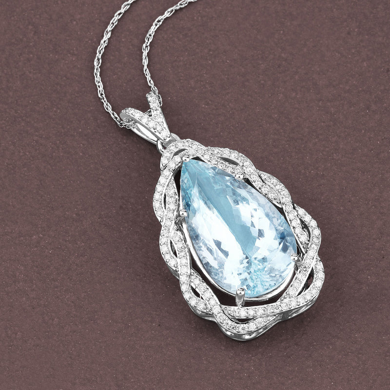 11.90 Carat Genuine Aquamarine and White Diamond 14K White Gold Pendant