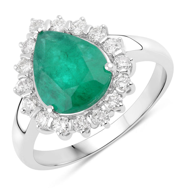 3.33 Carat Genuine Zambian Emerald and White Diamond 14K White Gold Ring