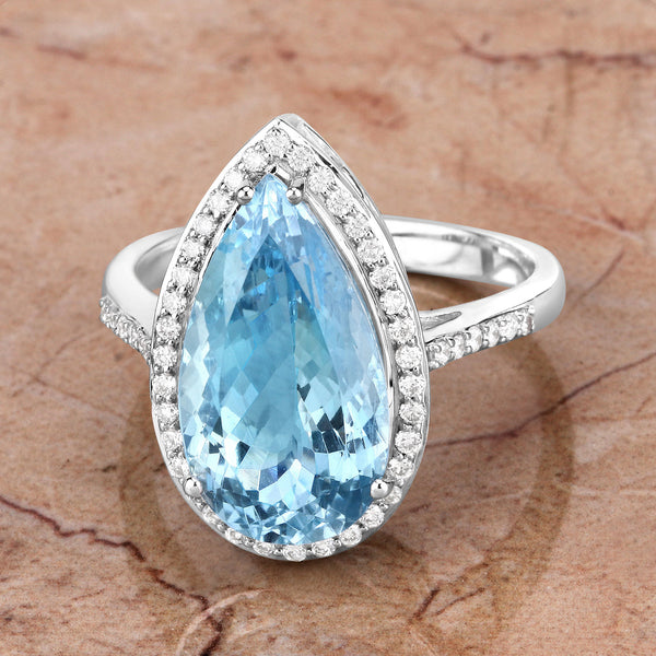 5.70 Carat Genuine Aquamarine and White Diamond 14K White Gold Ring