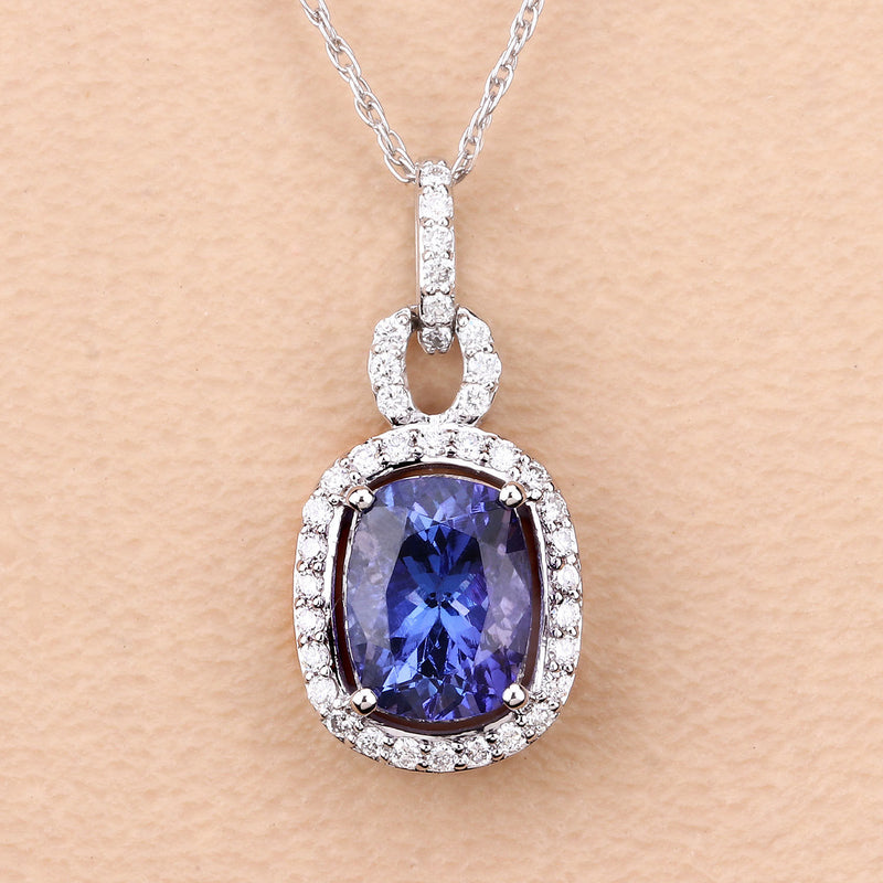 1.85 Carat Genuine Tanzanite and White Diamond 14K White Gold Pendant