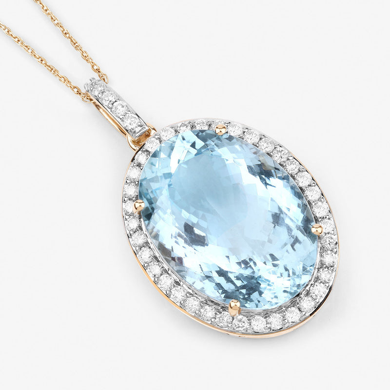 13.62 Carat Genuine Aquamarine and White Diamond 14K Yellow Gold Pendant