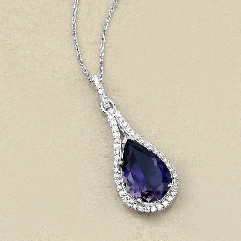 5.42 Carat Genuine Iolite and White Diamond 14K White Gold Pendant