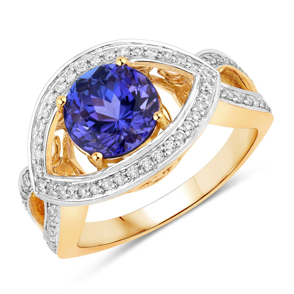 2.65 Carat Genuine Tanzanite and White Diamond 14K Yellow Gold Ring