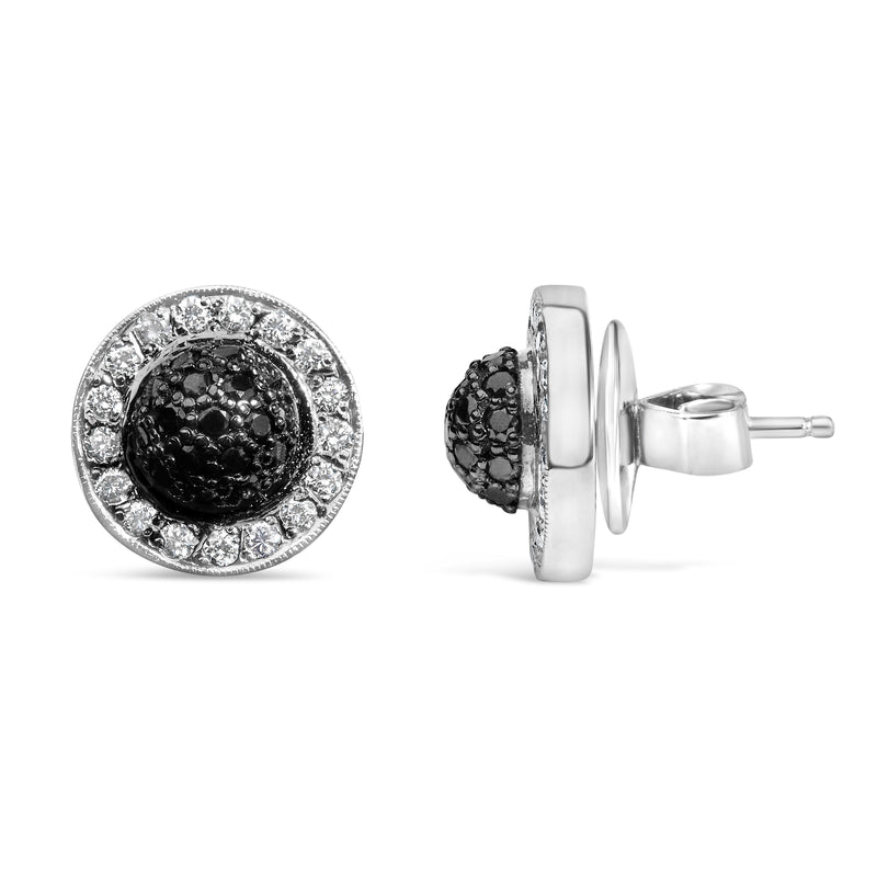 18K White Gold 3/4 Cttw Black and White Diamond Pave Set Dome and Halo Stud Earrings (F-G Color, VS1-VS2 Clarity)