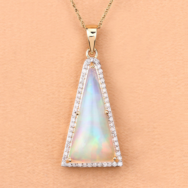 4.34 Carat Genuine Ethiopian Opal and White Diamond 14K Yellow Gold Pendant