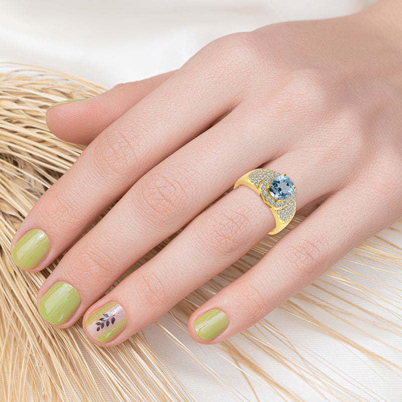 V3 Jewelry 18K Gold Plated 3.50 CT Natural Aquamarine & White Topaz Pavé Halo Ring