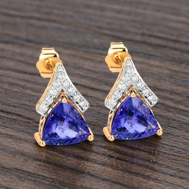 4.46 Carat Genuine Tanzanite and White Diamond 14K Yellow Gold Earrings