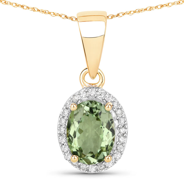 1.27 Carat Genuine Green Tourmaline and White Diamond 14K Yellow Gold Pendant