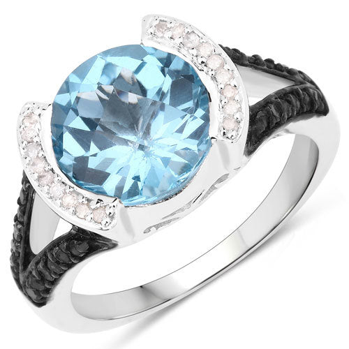 "4.99 Carat Genuine Swiss Blue Topaz, White Diamond and Black Diamond .925 Sterling Silver Ring"