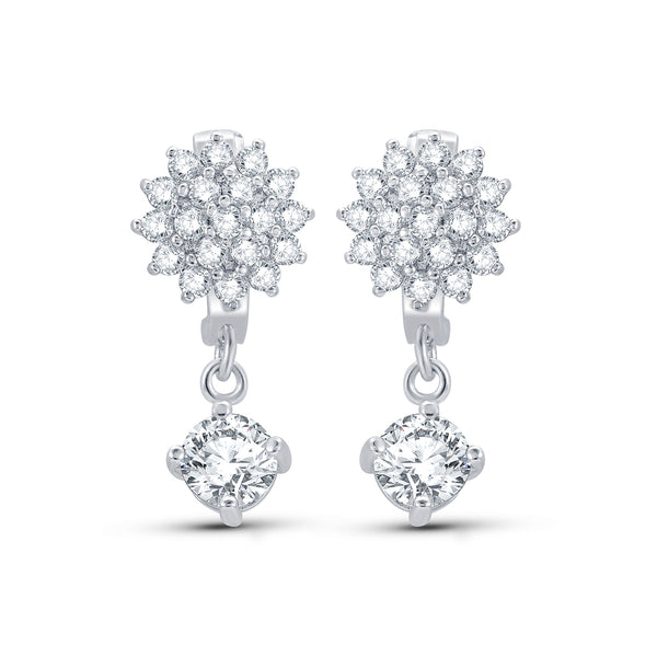 Cubic Zirconia Silvertone Clustered Floral Drop Earrings