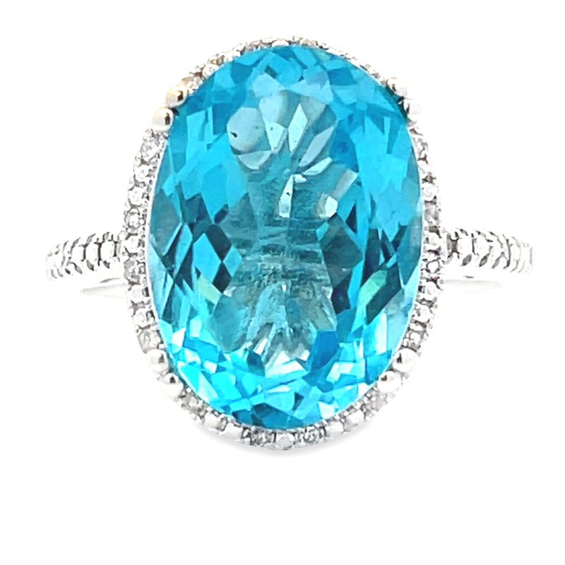 Natural 8.57ct Blue Topaz Diamond Ring 14KT White Gold