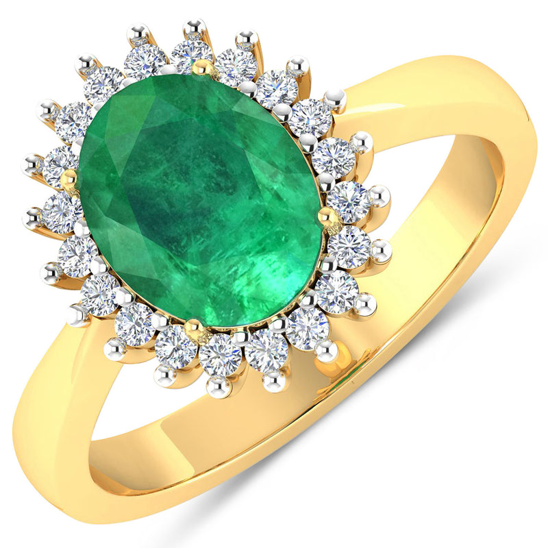 1.39 Carat Genuine Zambian Emerald and White Diamond 14K Yellow Gold Ring