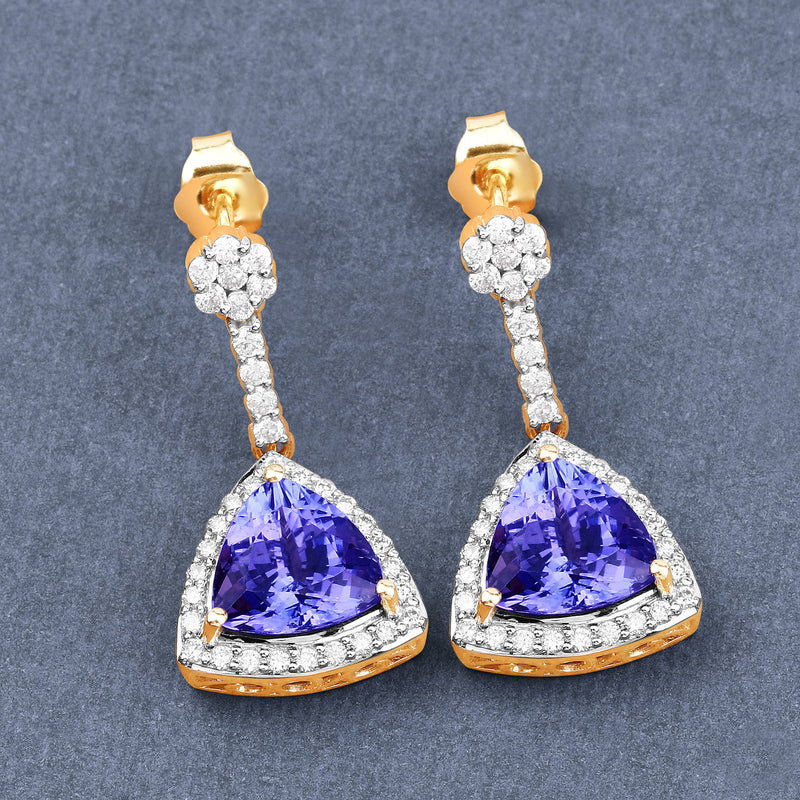 4.93 Carat Genuine Tanzanite and White Diamond 14K Yellow Gold Earrings