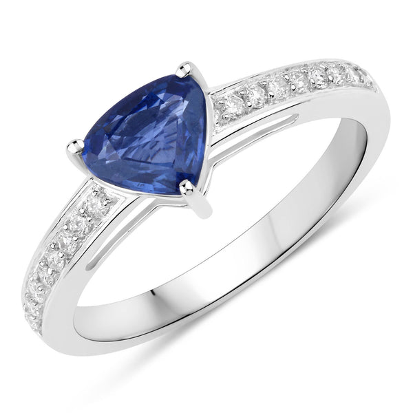 1.14 Carat Genuine Blue Sapphire and White Diamond 14K White Gold Ring