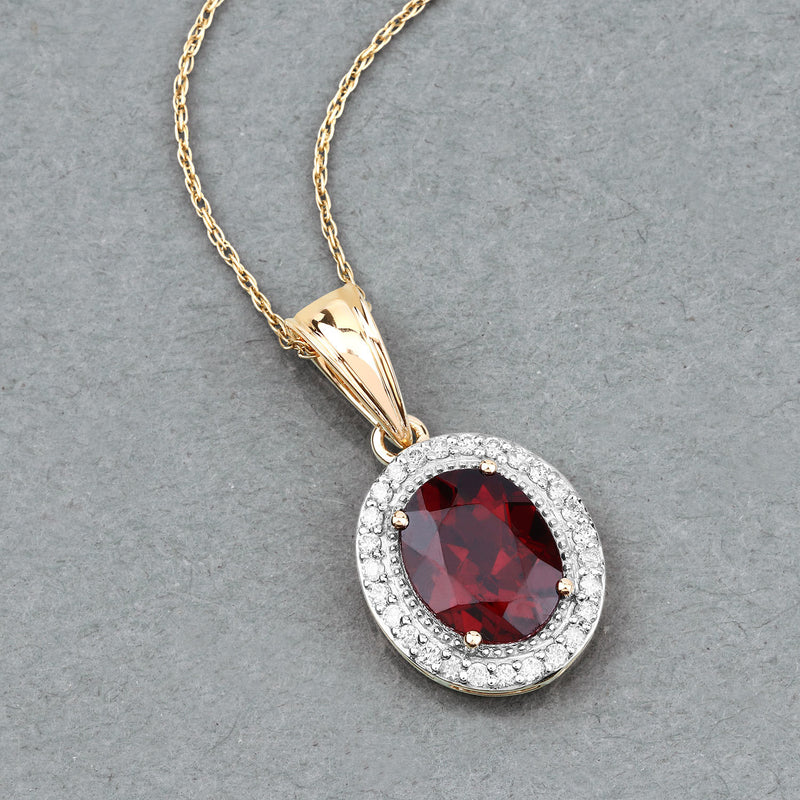 2.95 Carat Genuine Rhodolite and White Diamond 14K Yellow Gold Pendant