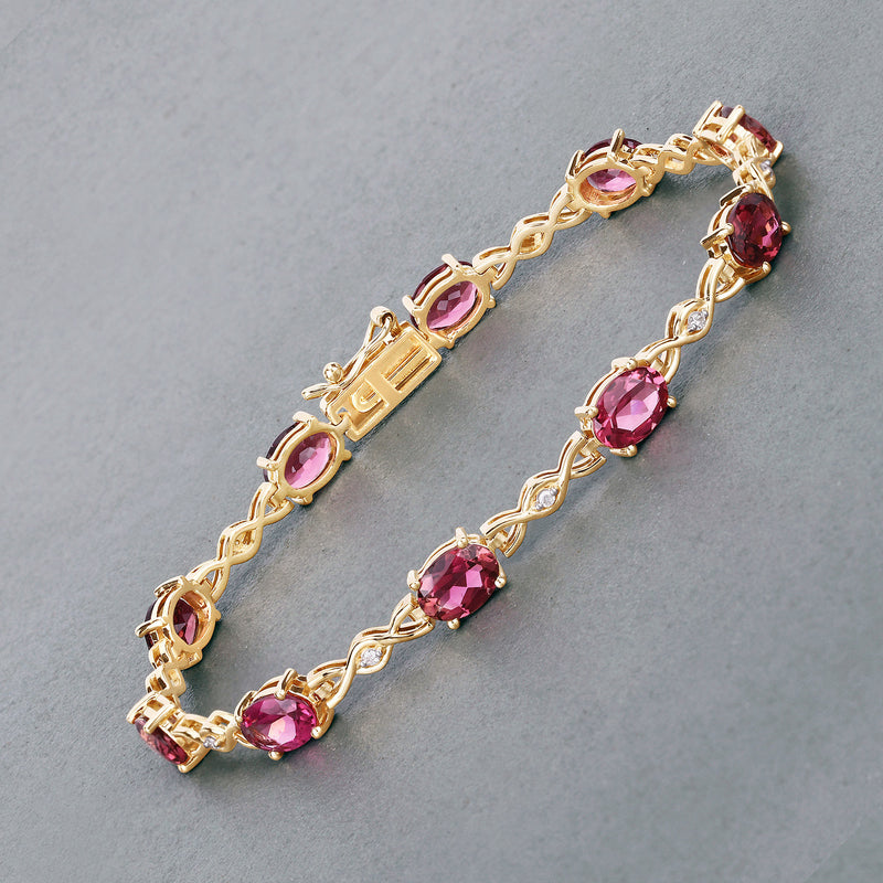 7.90 Carat Genuine Pink Tourmaline and White Diamond 14K Yellow Gold Bracelet