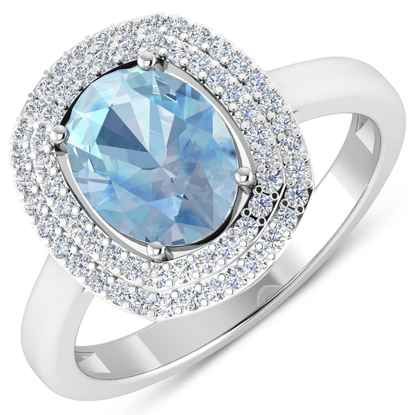 1.72 Carat Genuine Aquamarine and White Diamond 14K White Gold Ring