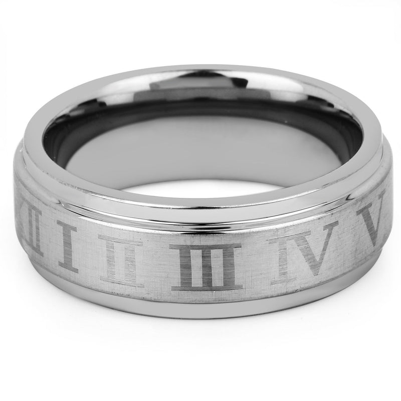 8MM Tungsten Carbide Double Accent Comfort Fit Roman Number Ridged Edges Wedding Band Ring