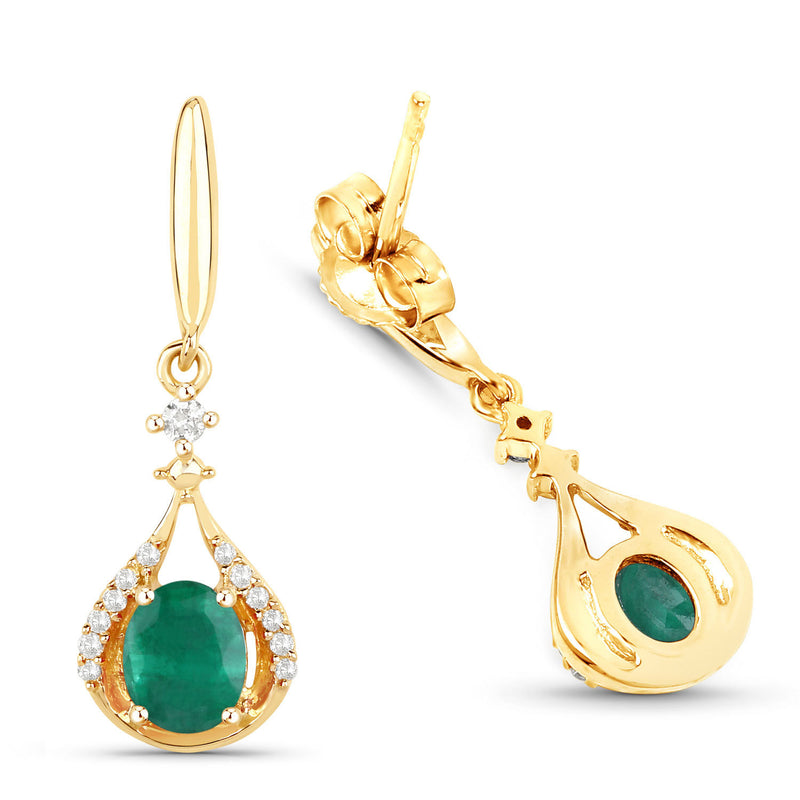 0.70 Carat Genuine Zambian Emerald and White Diamond 14K Yellow Gold Earrings